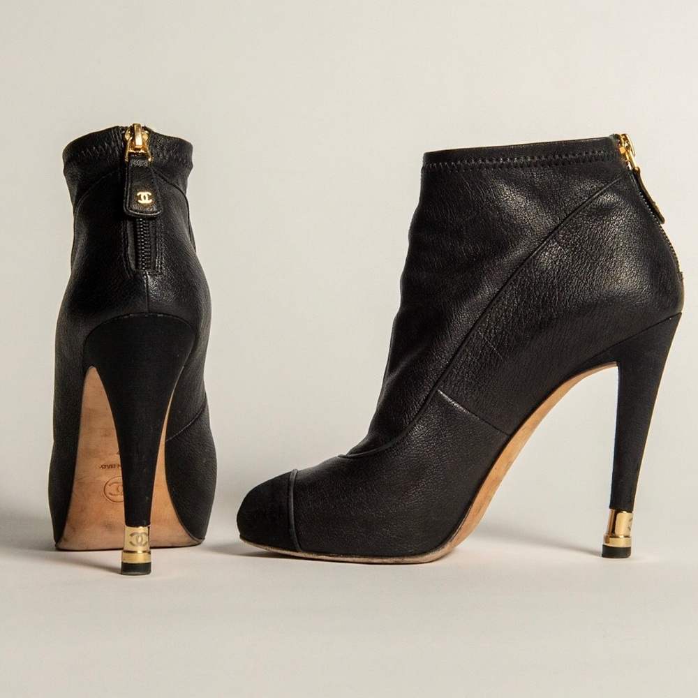 Chanel Black Leather "Gold Tip Heel" Ankle Bootie